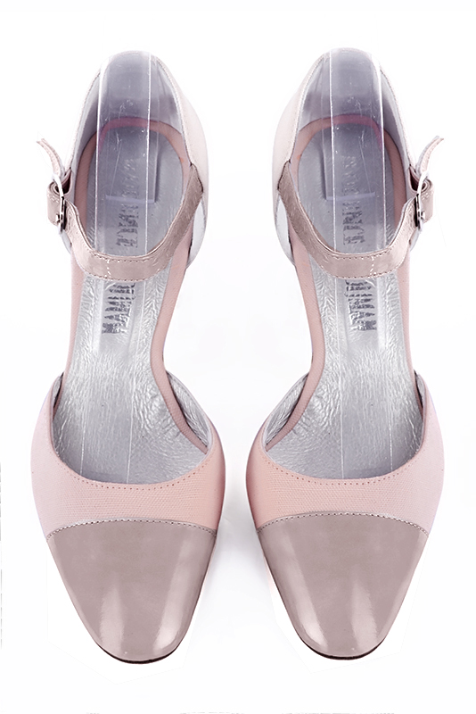 Dusty rose pink women's open side shoes, with an instep strap. Round toe. Medium block heels. Top view - Florence KOOIJMAN